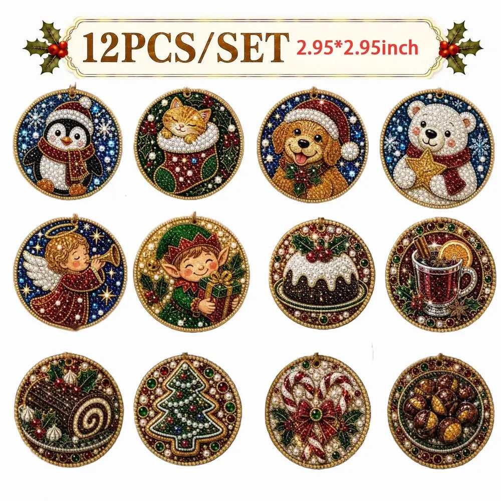 A set of 12 round diamond painting ornaments featuring various Christmas-themed designs, including an owl, cat, dog, bear, angel, elf, cake, mug, pinecone, Christmas tree, poinsettia, and acorns. 