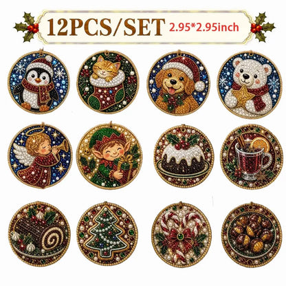 A set of 12 round diamond painting ornaments featuring various Christmas-themed designs, including an owl, cat, dog, bear, angel, elf, cake, mug, pinecone, Christmas tree, poinsettia, and acorns. 