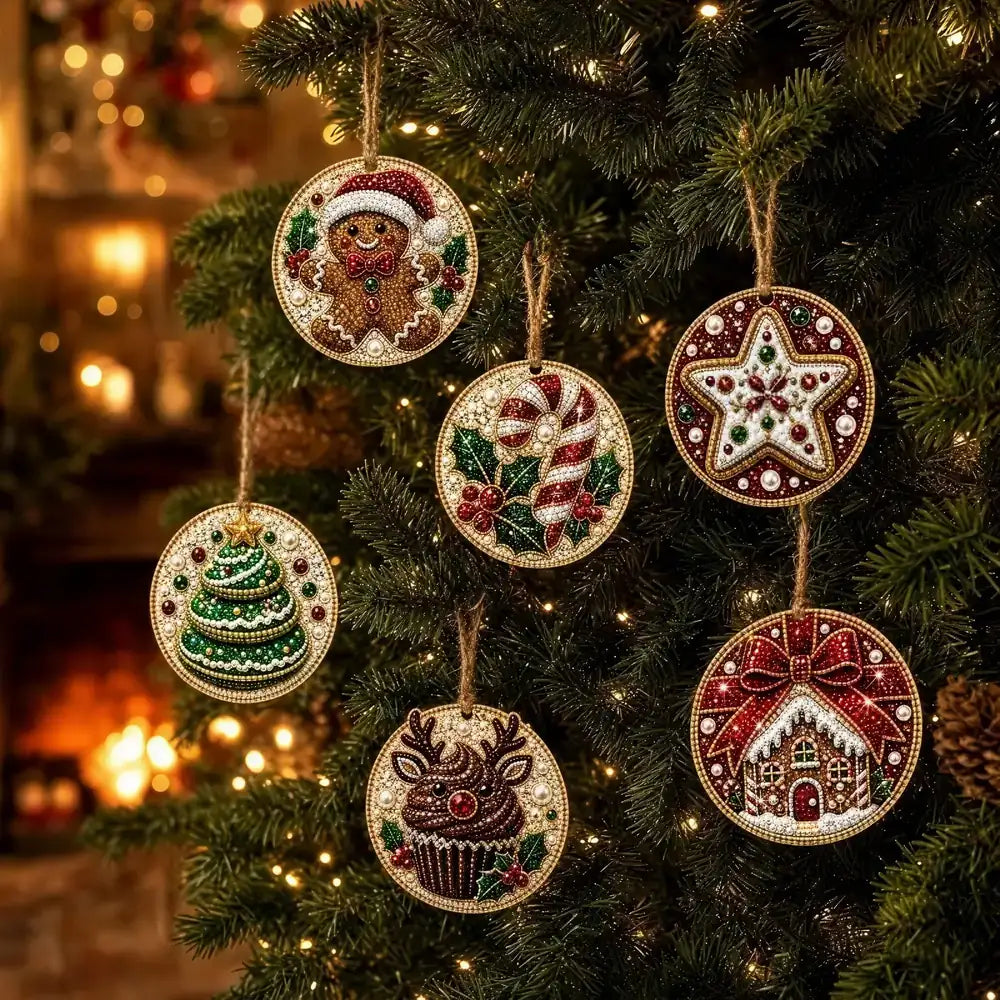 Six round Christmas bead ornaments with festive designs hang on a decorated Christmas tree. The ornaments feature a gingerbread man, candy canes, a Christmas tree, a reindeer, a star, and a gingerbread house, all with warm holiday lights in the background.