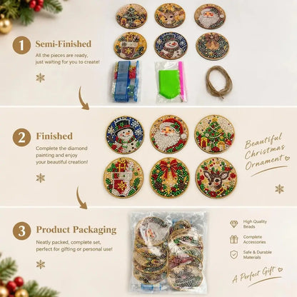 A diamond painting kit set displayed in three stages: semi-finished pieces with tools, finished decorated Christmas ornaments, and the product packaging. The ornaments feature festive designs like a snowman, Santa, a Christmas tree, and a deer, with text overlays describing the stages and product features.