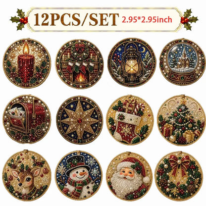 A set of 12 circular diamond painting ornaments featuring various Christmas designs, including a candle, fireplace, lantern, snow globe, gift box, star, stocking, Christmas tree, deer, snowman, Santa Claus, and bow.