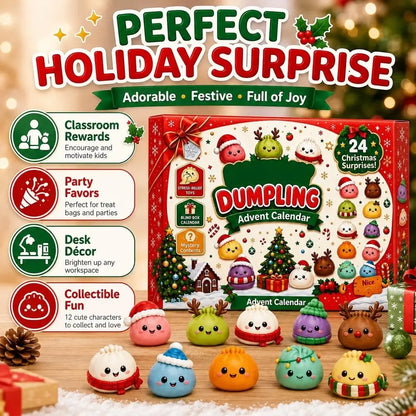 Dumpling Advent Calendar holiday surprise set with a red decorated box and several small cute dumpling figures arranged in front on a festive holiday background with lights, pinecone, and wrapped gifts.