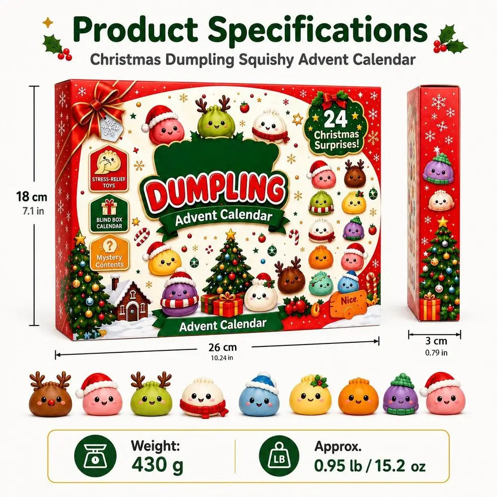 Product specifications graphic for a Christmas Dumpling Squishy Advent Calendar, showing the front and side of the box with dimensions, weight, and a row of colorful dumpyng characters below.
