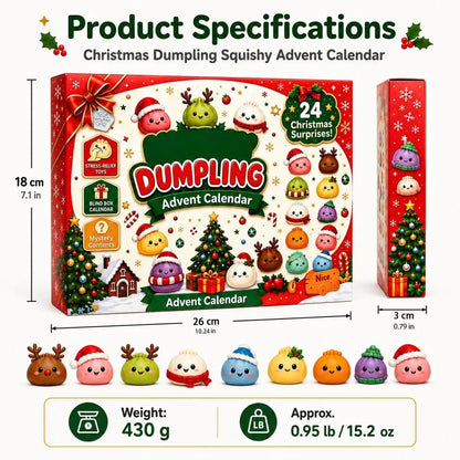 Product specifications graphic for a Christmas Dumpling Squishy Advent Calendar, showing the front and side of the box with dimensions, weight, and a row of colorful dumpyng characters below.
