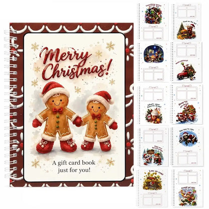 A spiral-bound Christmas gift card book set shown on a white background, with the front cover featuring two gingerbread cookies and the words 'Merry Christmas!' and 'A gift card book just for you!'. Small preview images along the right side show additional decorated card designs inside the book.
