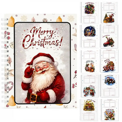 A Christmas-themed spiral-bound planner or notebook cover shown prominently, with smaller preview pages of the interior layout arranged to the right. The cover features a smiling Santa Claus illustration and the words 'Merry Christmas!' in large script.
