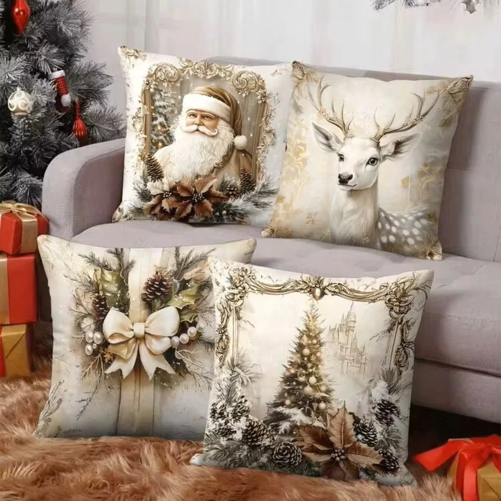 Set of four decorative Christmas pillow covers with festive holiday prints