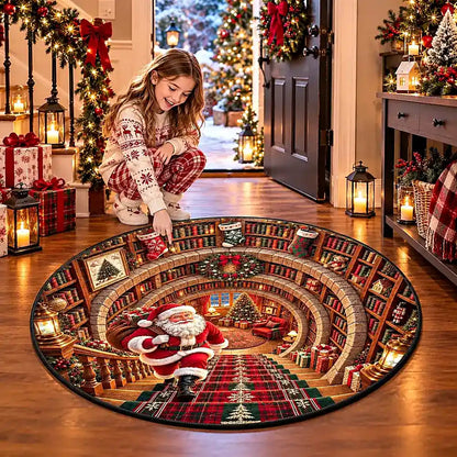 Christmas Santa With Library Round Rug - C057