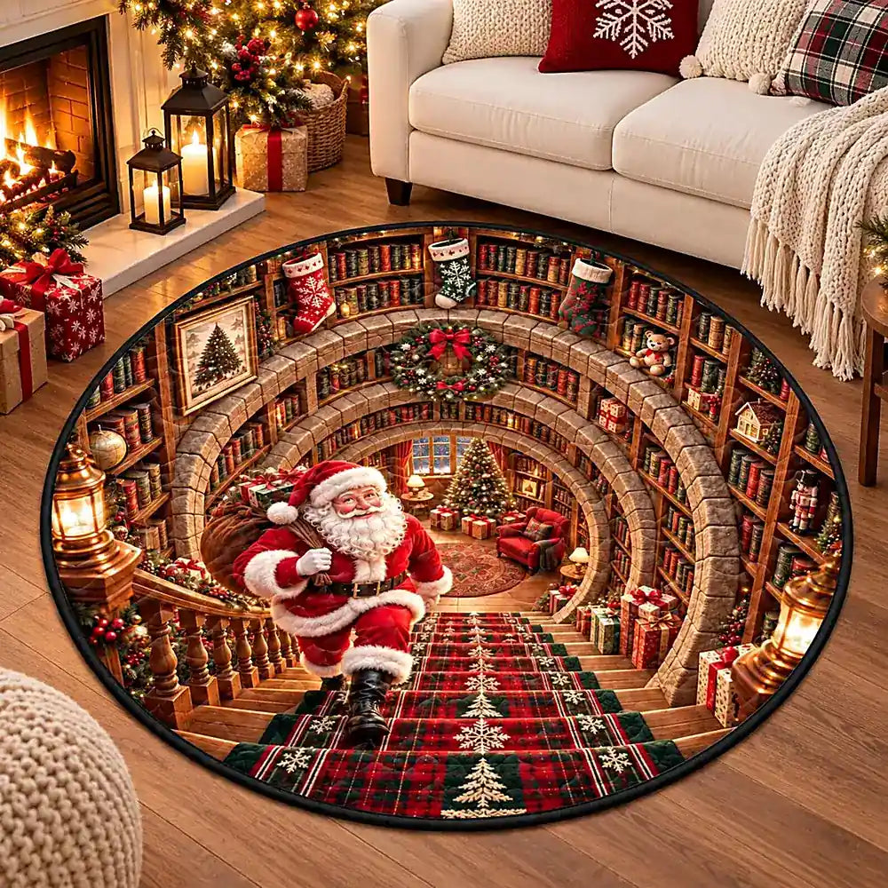Christmas Santa With Library Round Rug - C057