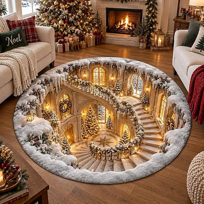 A large round area rug featuring a detailed Christmas-themed illustration of an icy grand staircase with snow, warm lights, and decorated trees, shown in a decorated living room setting.