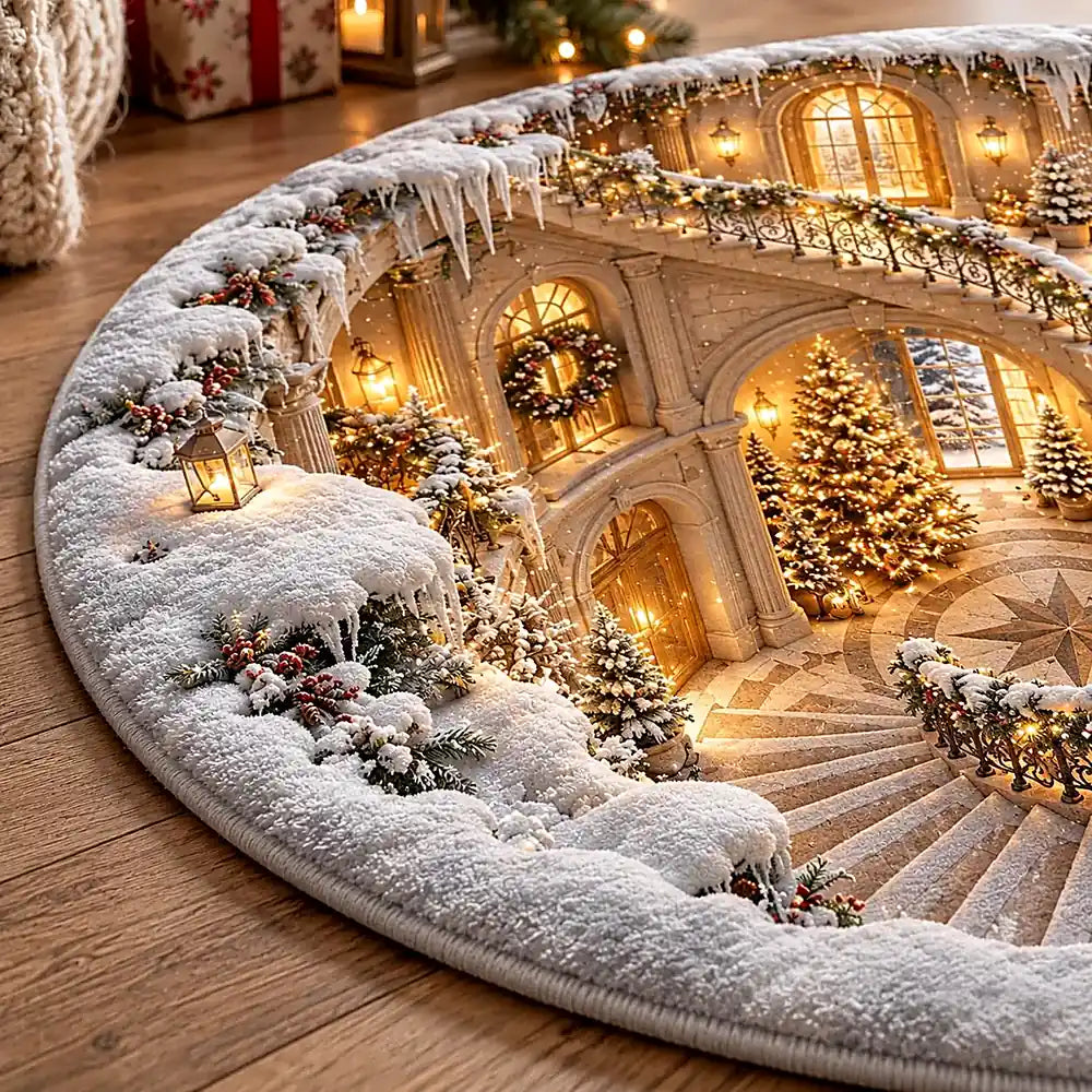 A round area rug featuring a detailed winter holiday scene with snow-covered stone staircases, glowing Christmas trees, and warm lanterns, shown on a wooden floor.