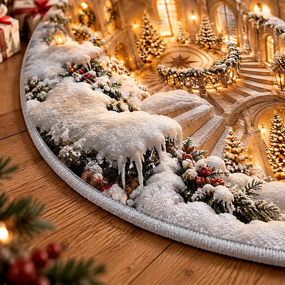 A festive round Christmas tree skirt featuring a snowy winter village scene with illuminated Christmas trees, warm lights, and evergreen garlands, displayed on a wooden floor.
