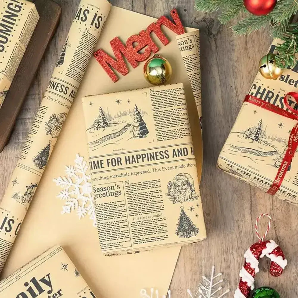 Rolled Christmas wrapping paper showing its printed design