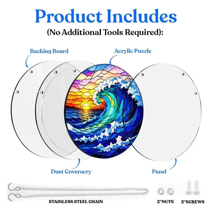 A diagram showing the included parts of the coastal wave acrylic puzzle suncatcher such as backing board dust cover panel stainless steel chain nuts and screws