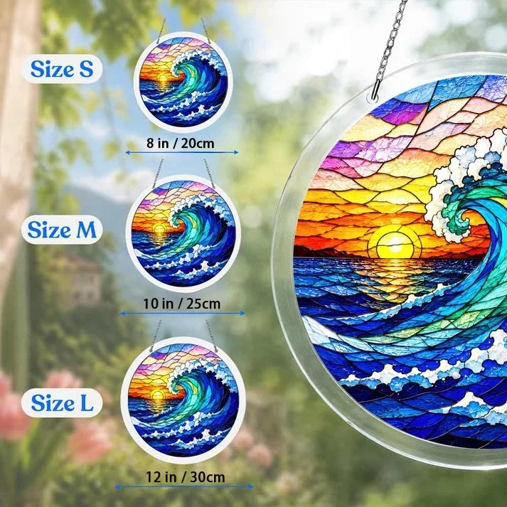 A size chart showing three coastal wave suncatchers in S M and L measuring 8 10 and 12 inches with a large size detail on the right
