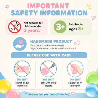An informational safety card for a handmade product, featuring age suitability notes, a 'Handmade Product' section, and three 'Please Use with Care' icons with text warnings against stretching, poking with sharp objects, and squeezing or hitting roughly.