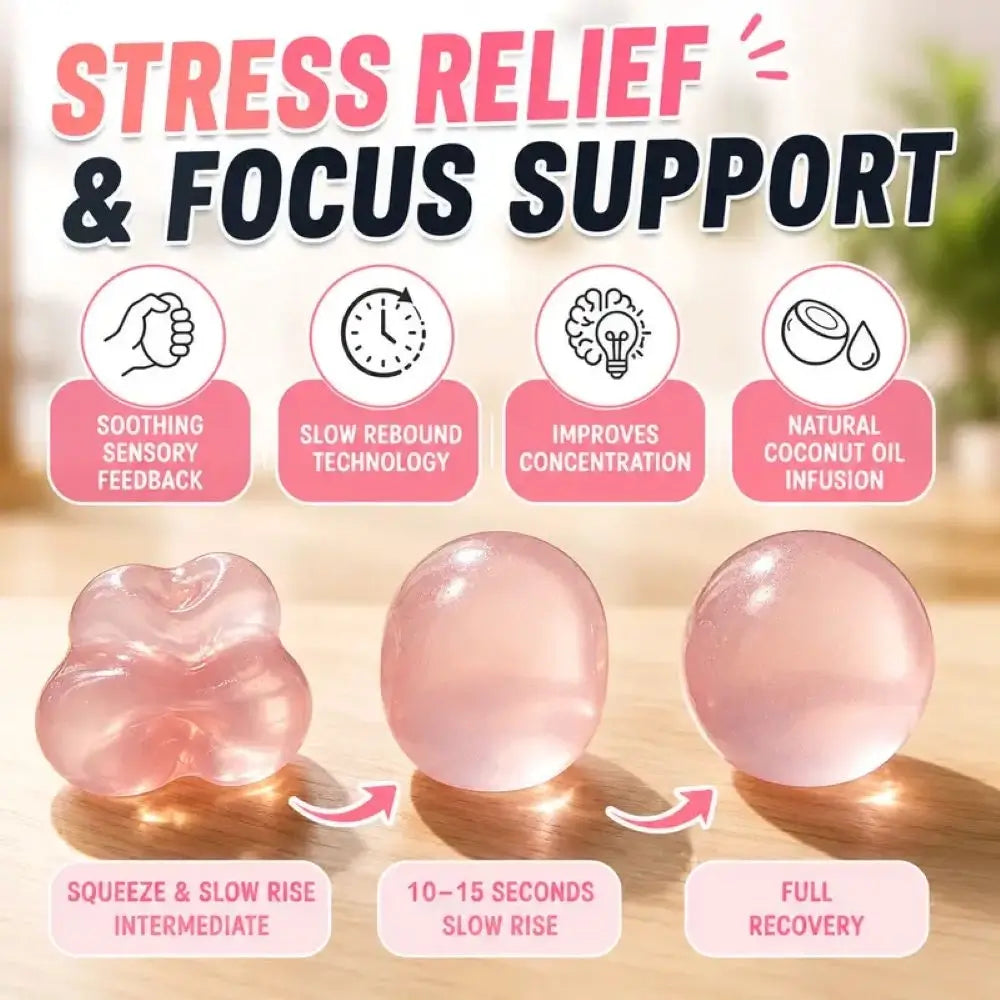 Promotional graphic for pink stress relief and focus support gel beads. The top text reads 'STRESS RELIEF & FOCUS SUPPORT' with four benefit icons and labels.