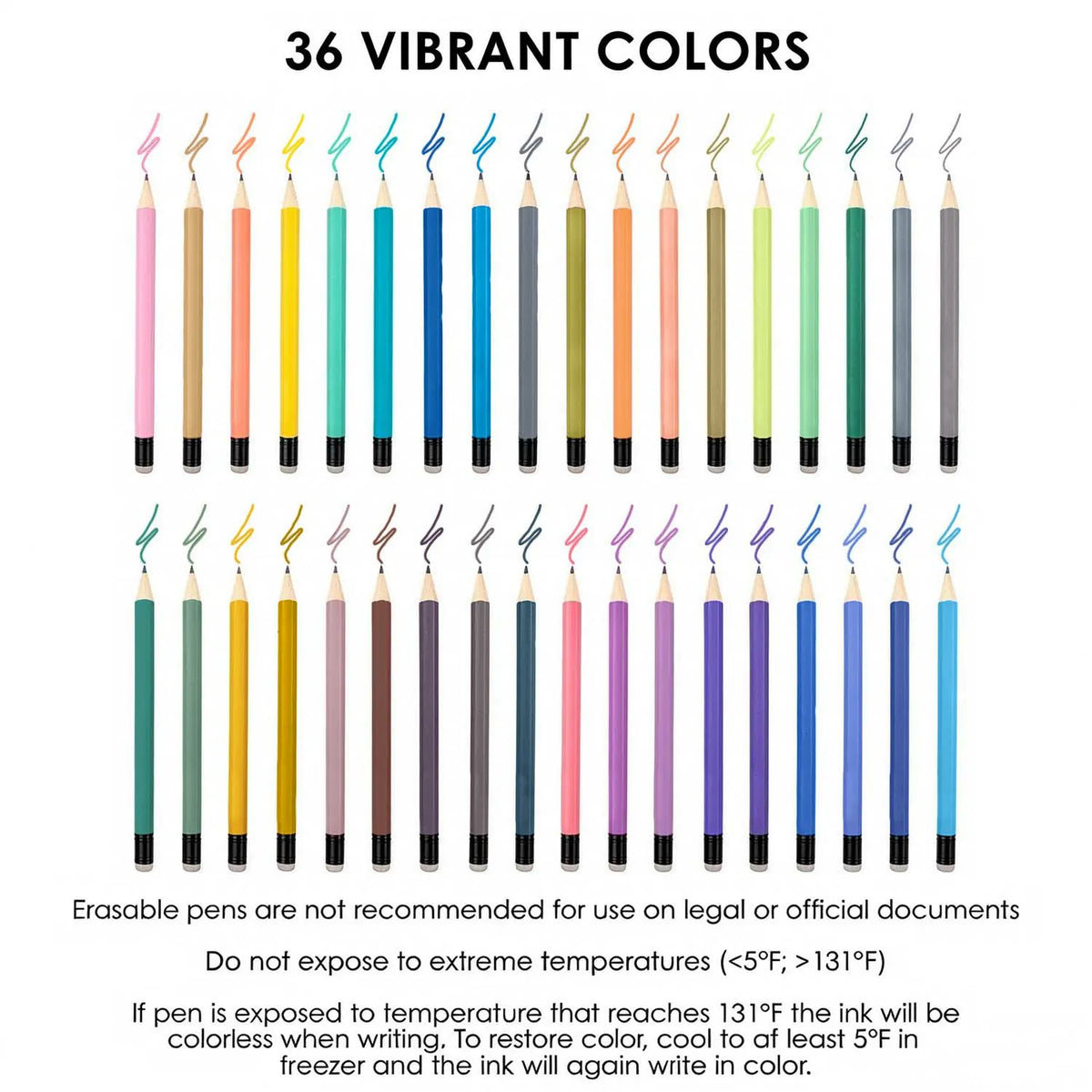 Thirty six colorful erasable gel pens arranged in two neat rows with usage warning notes printed below