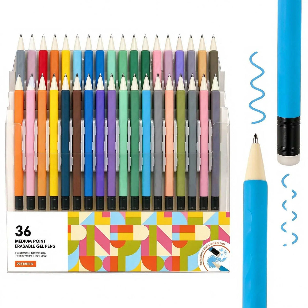 A full set of 36 colorful erasable gel pens standing in a clear display box beside a single blue pen closeup and wavy ink line