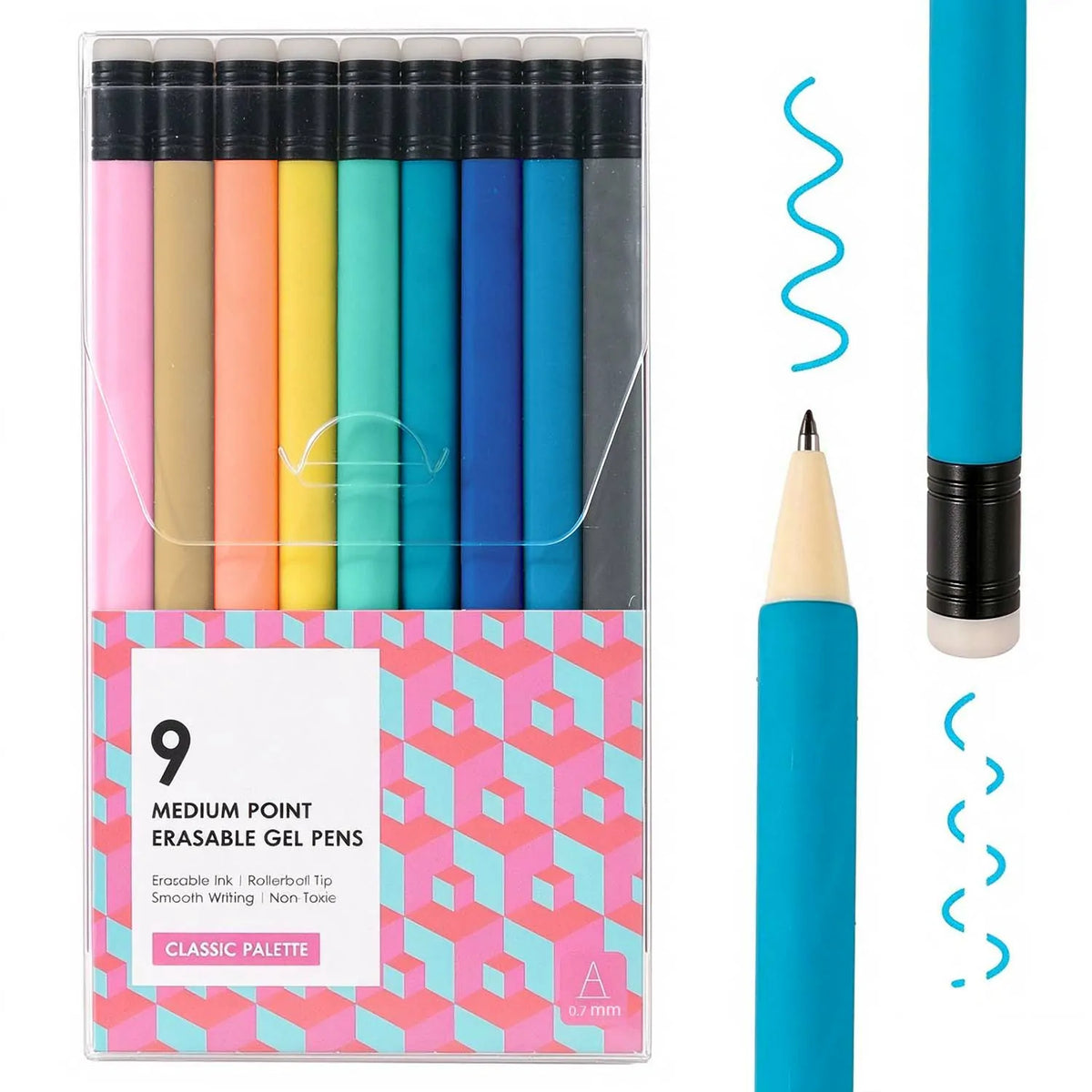 A set of nine bright classic color erasable gel pens in a clear box next to a single blue pen closeup and an ink swatch