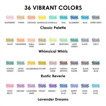 A color guide chart groups 36 ink swatches into four themed palettes each labeled with individual color names