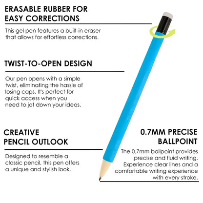 A blue erasable gel pen shown beside four feature labels covering the built-in eraser twist-open design pencil look and 0.7mm ballpoint tip