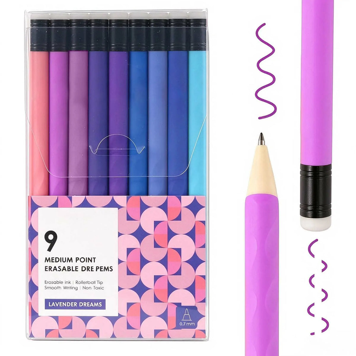 A set of nine purple and blue tone erasable gel pens in a clear box beside a single lavender pen closeup and ink swatch