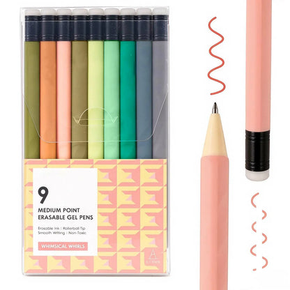 A set of nine pastel green and orange tone erasable gel pens in a plastic case beside a single pink pen closeup and ink line