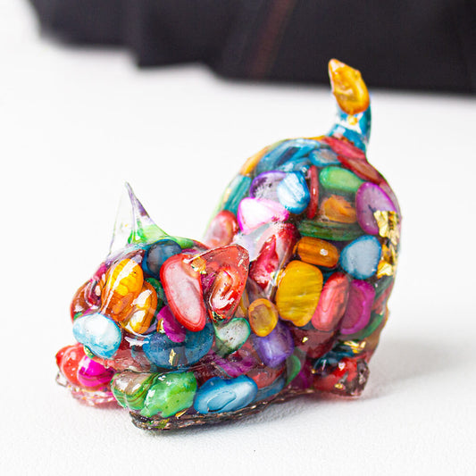 Colorful Shell - Handmade Natural Crystal Gemstone Cat with Raised Tail