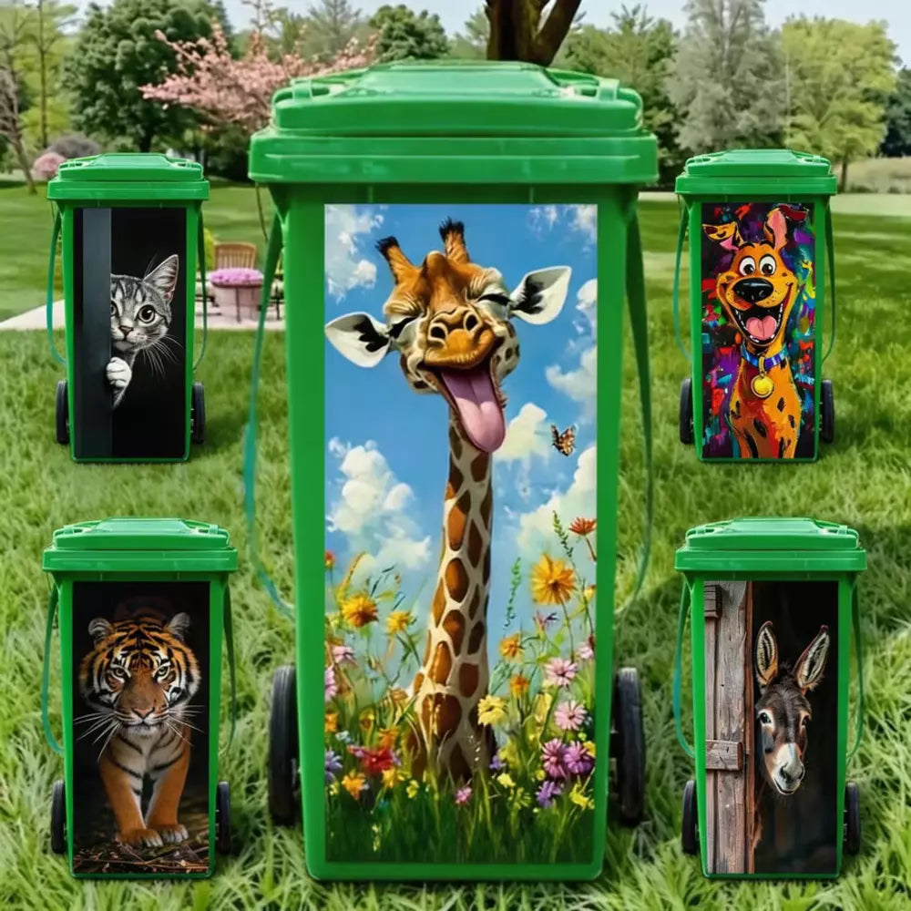 Colourful cartoon trash can decal with playful animal design