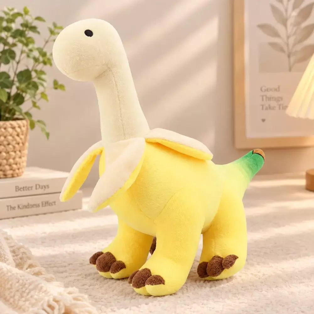 Banana brontosaurus plush displayed as playful room decor