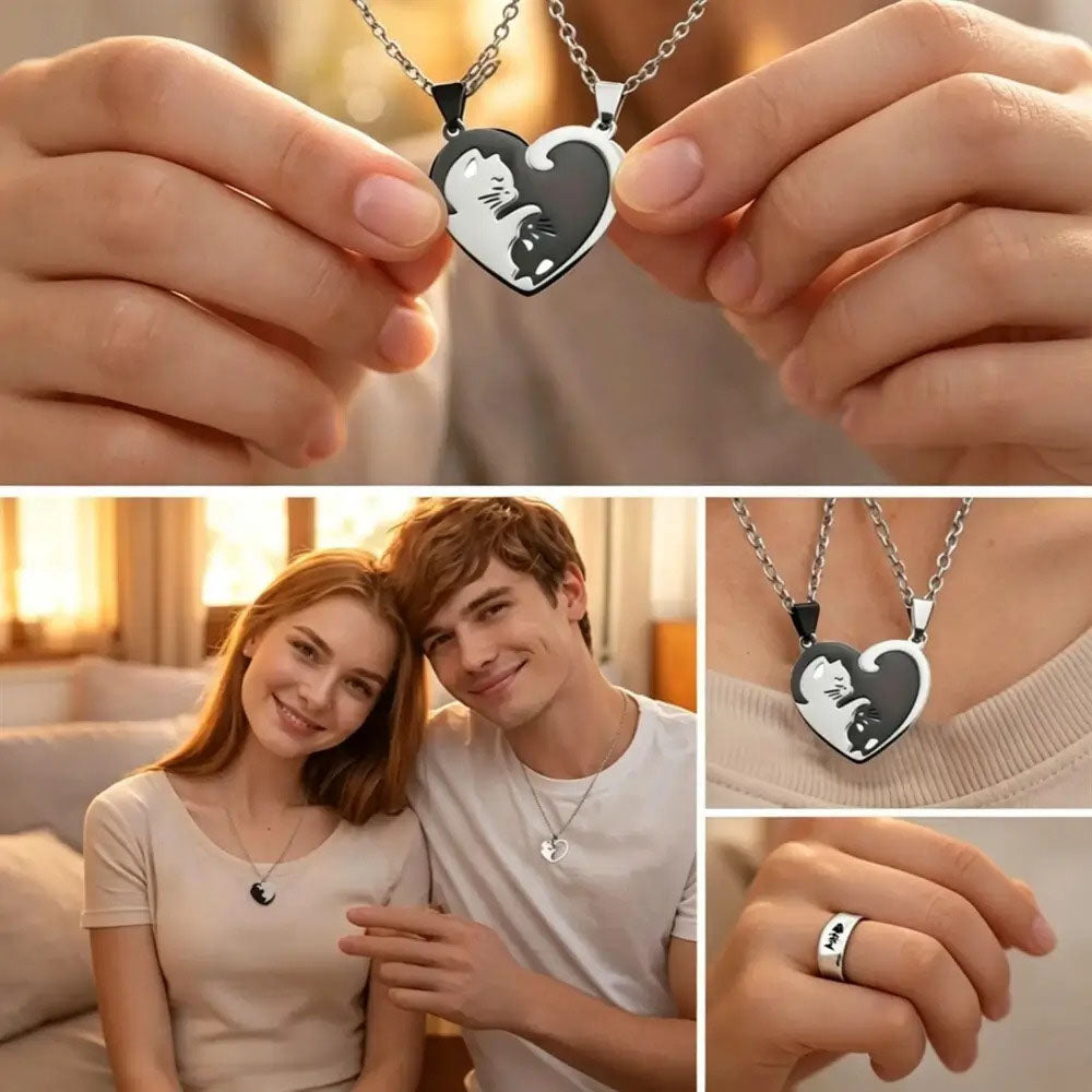 Cute Cat Matching Necklace Set With Ring