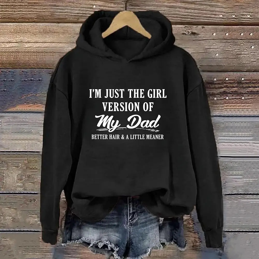 Black graphic hoodie with a humorous dad daughter design
