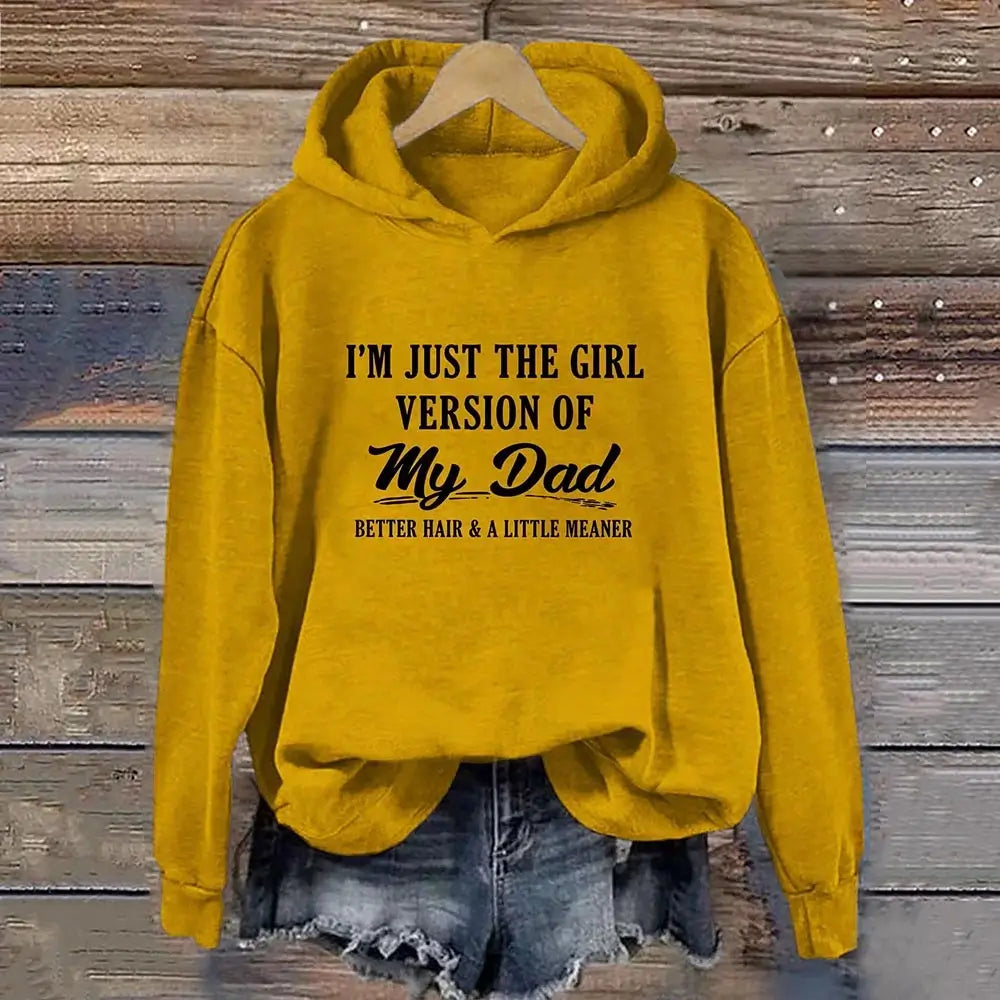 Yellow graphic hoodie with a humorous dad daughter design