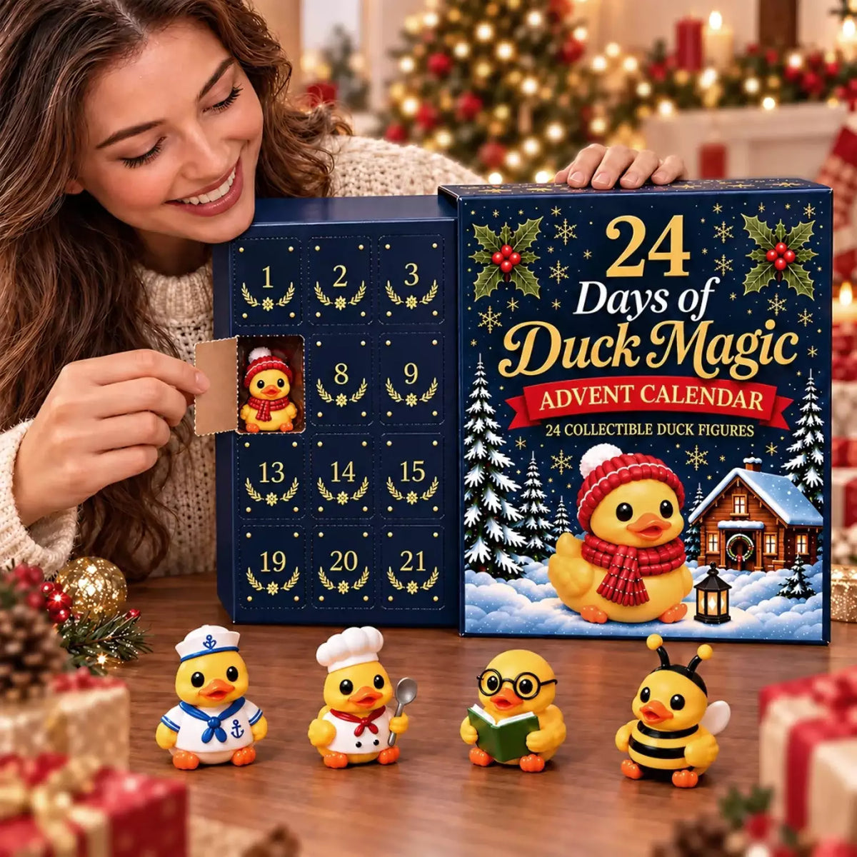 Mini duck figures revealed from the advent calendar compartments