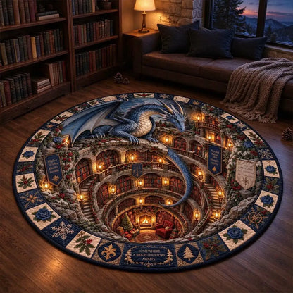 A large round area rug featuring a detailed fantasy illustration of a blue dragon flying over a glowing, multi-tiered library interior, styled in a cozy, dimly lit room with bookshelves and a sofa.