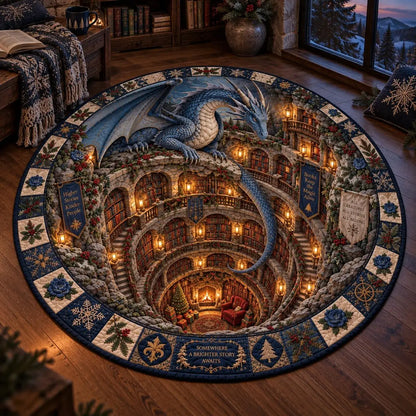 A large round area rug featuring a detailed fantasy illustration of a blue dragon above a glowing library interior, placed on a wooden floor in a cozy room setting.