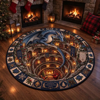 A large round area rug featuring a detailed fantasy illustration of a blue dragon flying over a winding staircase library, styled in a cozy living room setting with stone fireplaces, stockings, and lanterns.