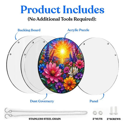A diagram showing the included parts of the floral glow acrylic puzzle suncatcher such as backing board dust cover panel stainless steel chain nuts and screws