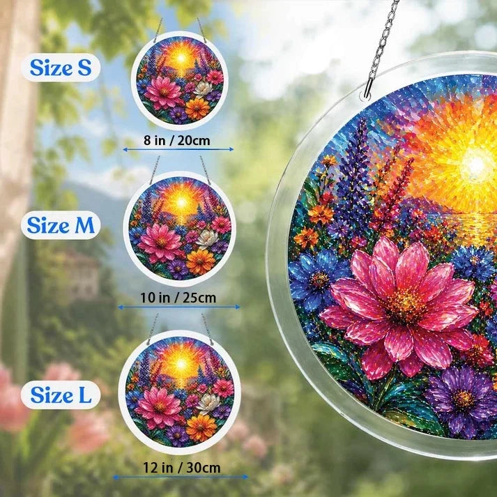 A size chart showing three floral sun suncatchers in S M and L measuring 8 10 and 12 inches with a large size detail on the right