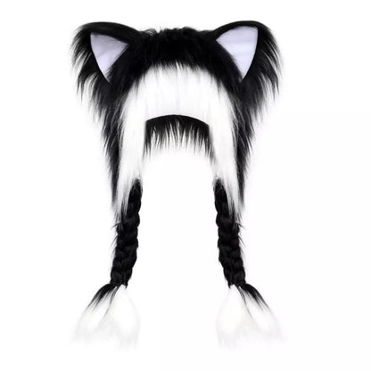 Black white fluffy plush hat with cute cat ears