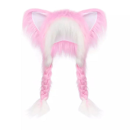 Pink white fluffy plush hat with cute cat ears