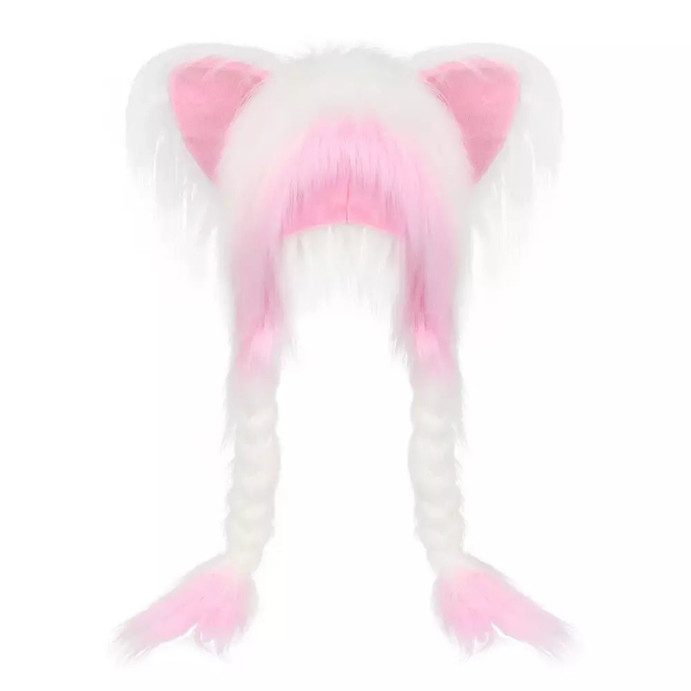 White pink fluffy plush hat with cute cat ears