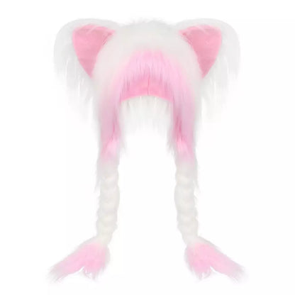 White pink fluffy plush hat with cute cat ears