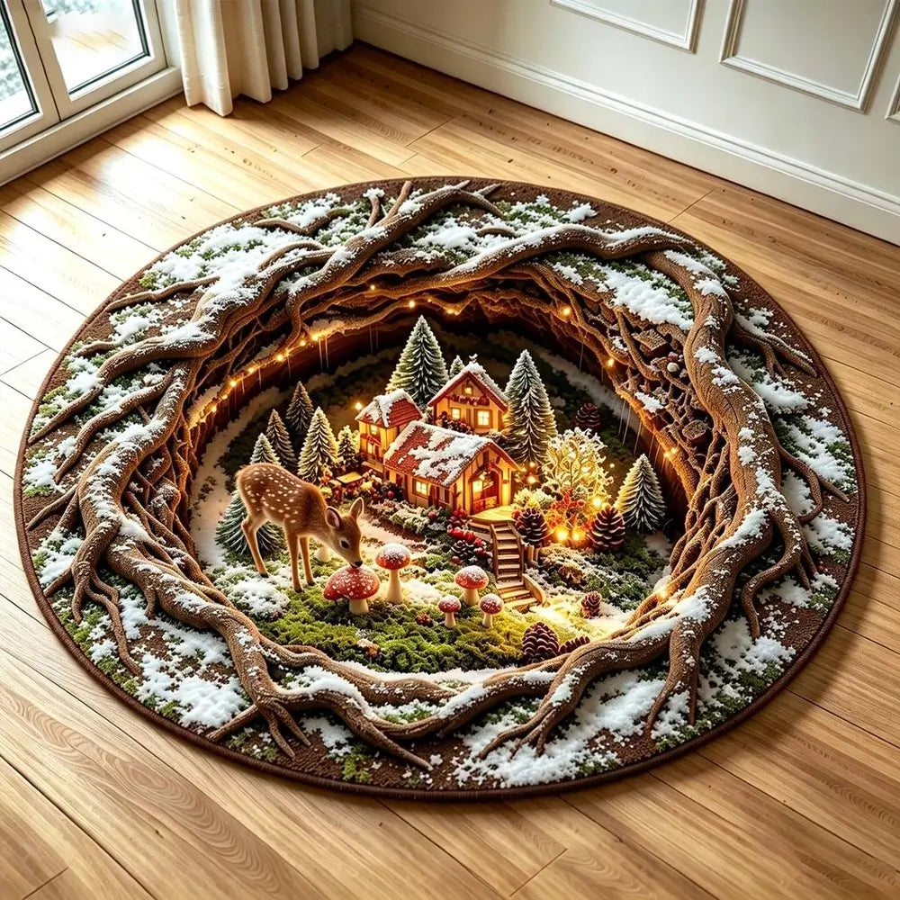 A round area rug with a detailed winter forest scene, featuring a glowing cabin, snowy trees, a deer, and a tree-bark border, placed on a wooden floor near a window.