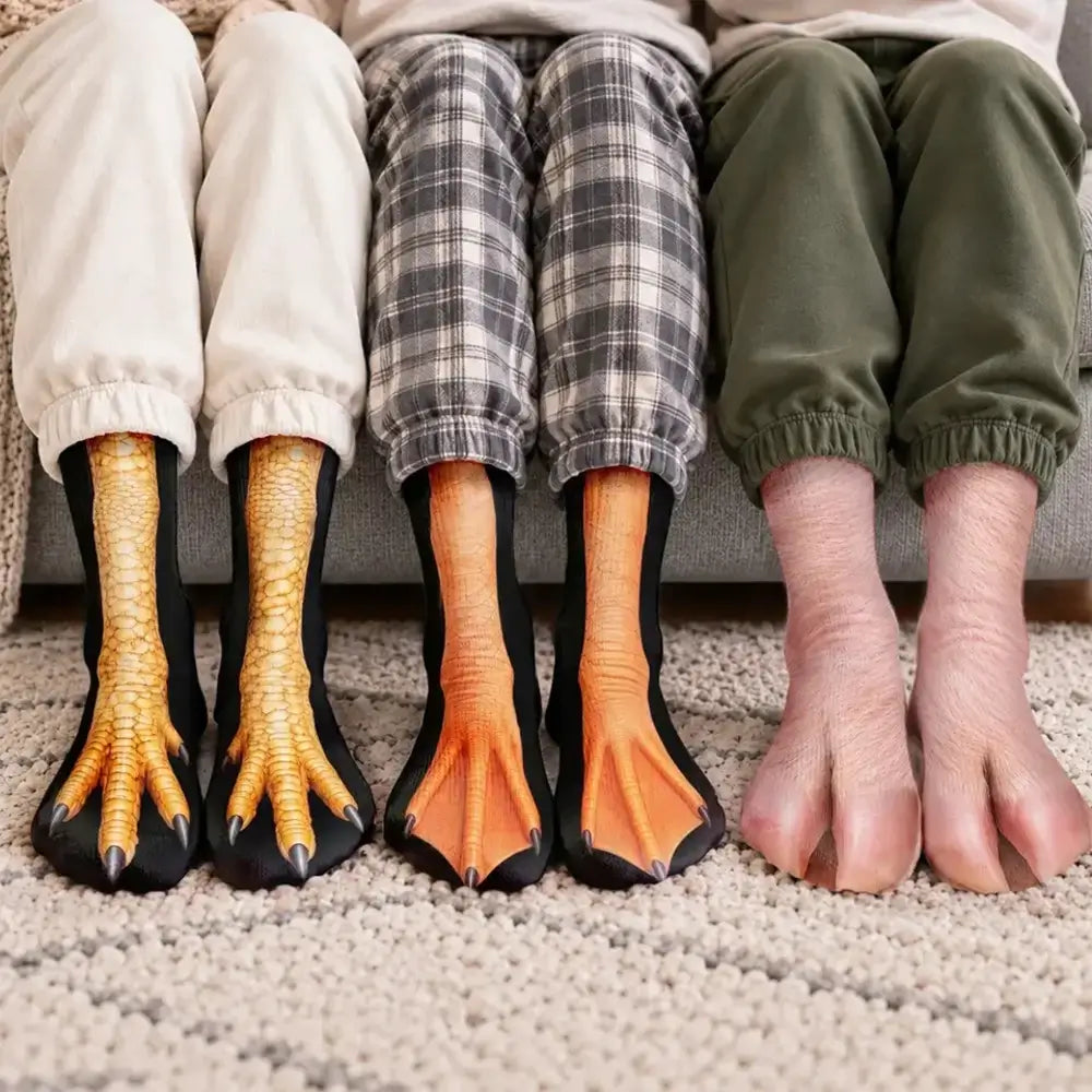 Three pairs of legs on a sofa showing chicken feet duck webbed feet and pink pig feet socks side by side