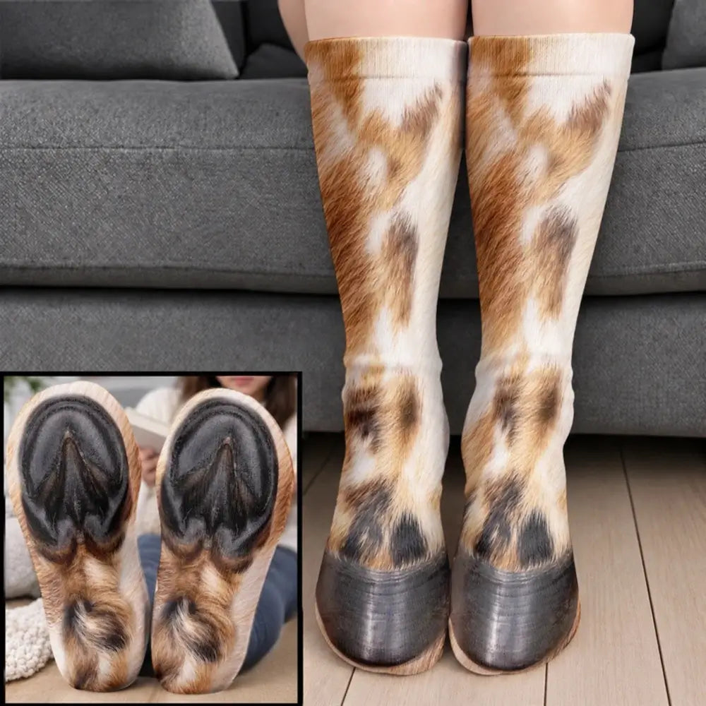 Brown and white horse fur hoof socks worn on legs before a gray sofa with a sole closeup