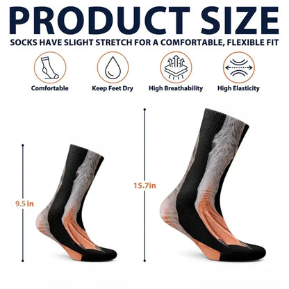 A product size chart comparing kids and adult sock lengths with four feature icons for comfort dryness breathability and elasticity
