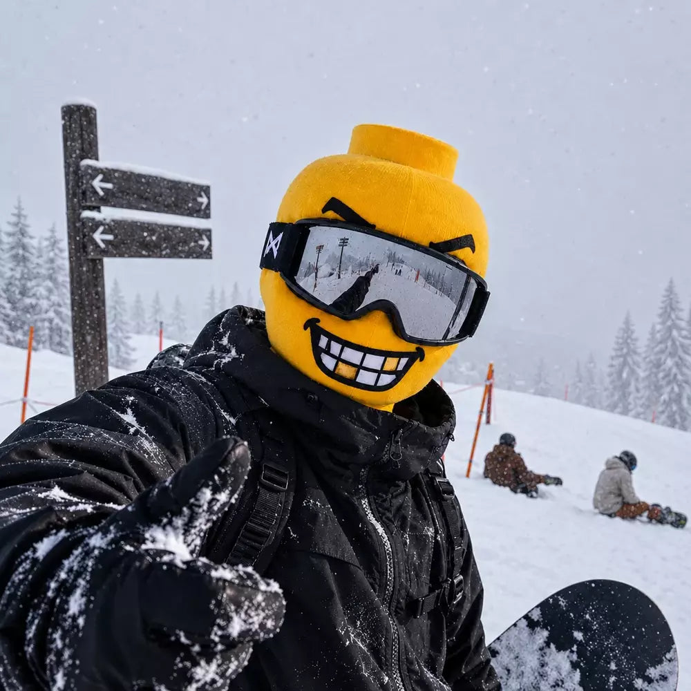Printed ski mask styled with ski goggles for snow sports