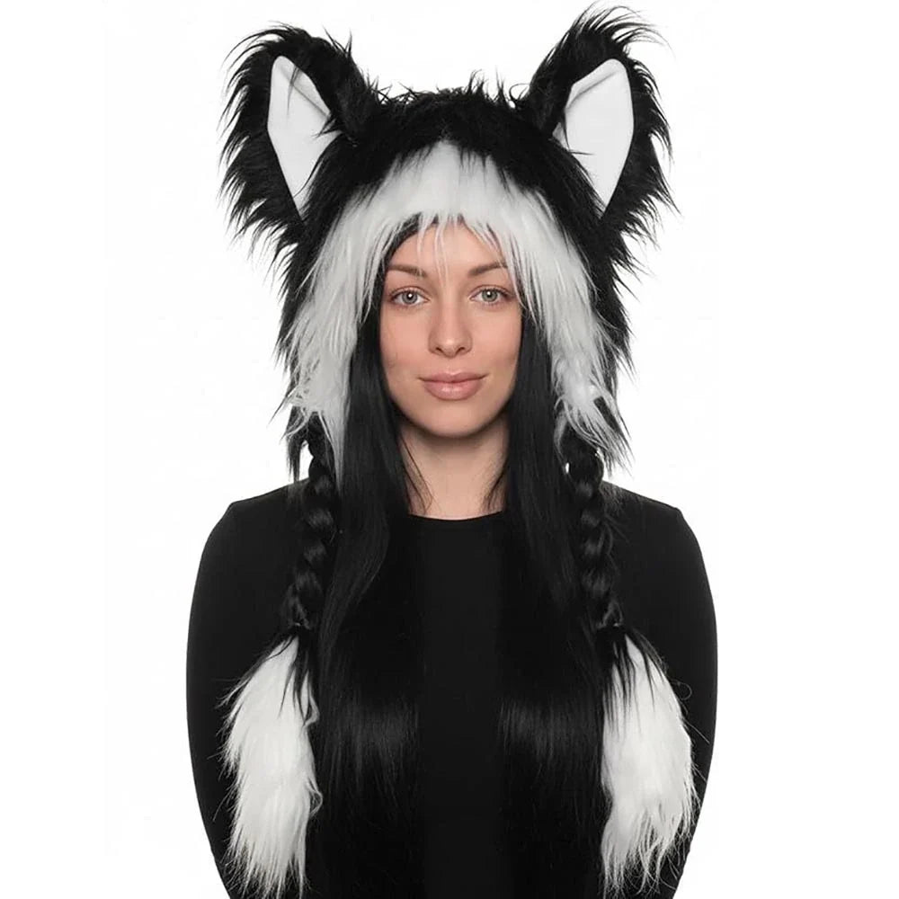 Fluffy cat ear hat styled for a cosplay look